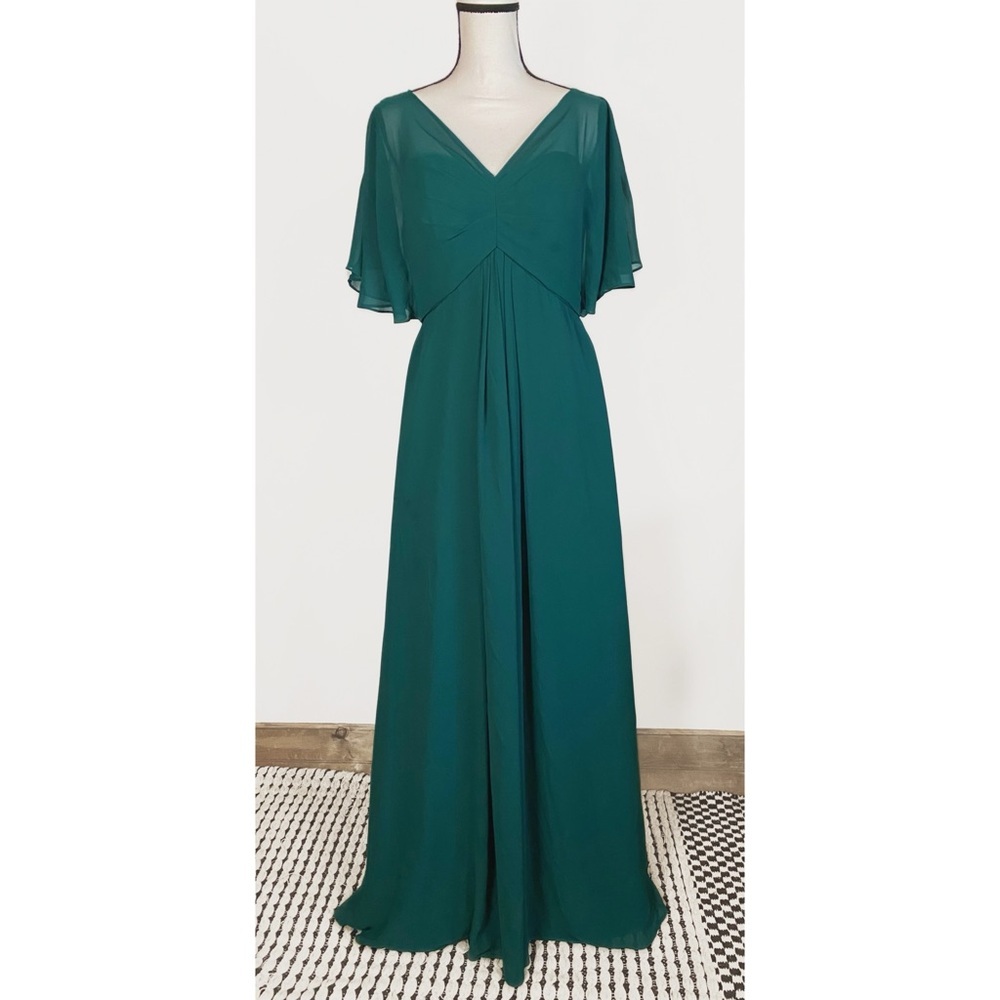 Morilee 21594 V Neck Flutter Sleeve Formal Dress Chiffon Emerald Green Womens 14